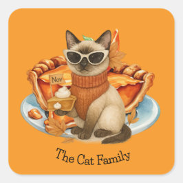 Katze mit Kürbiskuchen für Erntedank Party Quadratischer Aufkleber