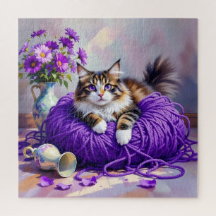 Katze mit lila Augen in lila Garn und Blumen Puzzle
