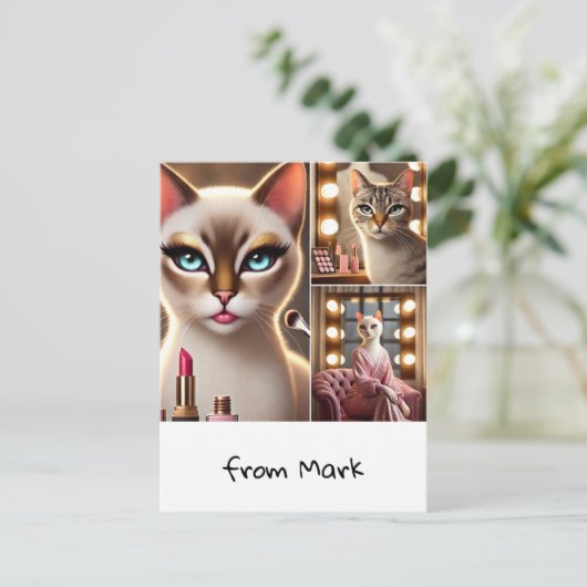 Katze mit Make-up-Ausrüstung Postkarte (Stehend Vorderseite)