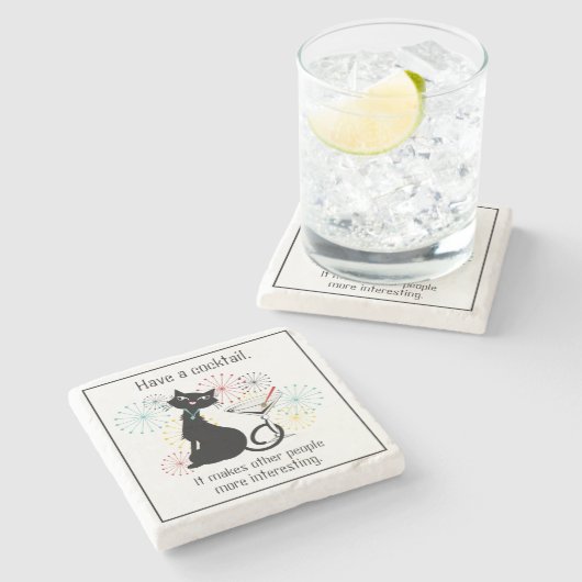 Katze mit Martini-Untersetzer aus Glasstein Steinuntersetzer (Seitenansicht)