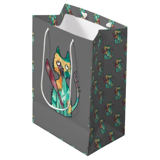 Katze mit Messer Mittlere Geschenktüte (Vorderseite Schrägansicht)