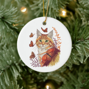 Katze mit Monarchschmetterlingen Keramik Ornament