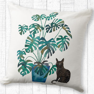 Katze mit Monstera Pflanze Wasserfarbe Kissen