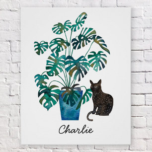 Katze mit Monstera Pflanze Wasserfarbe Personalisi Poster