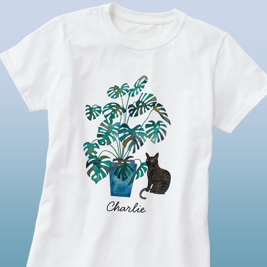 Katze mit Monstera Pflanze Wasserfarbe Personalisi T-Shirt