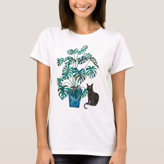 Katze mit Monstera Pflanze Wasserfarbe T-Shirt (Vorderseite)