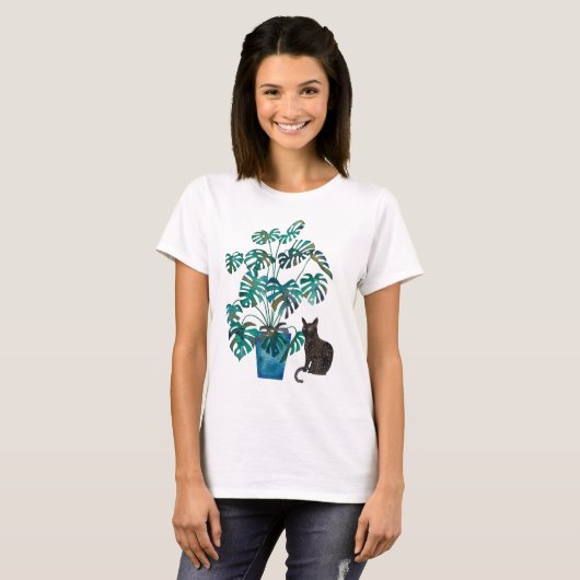 Katze mit Monstera Pflanze Wasserfarbe T-Shirt (Vorne ganz)