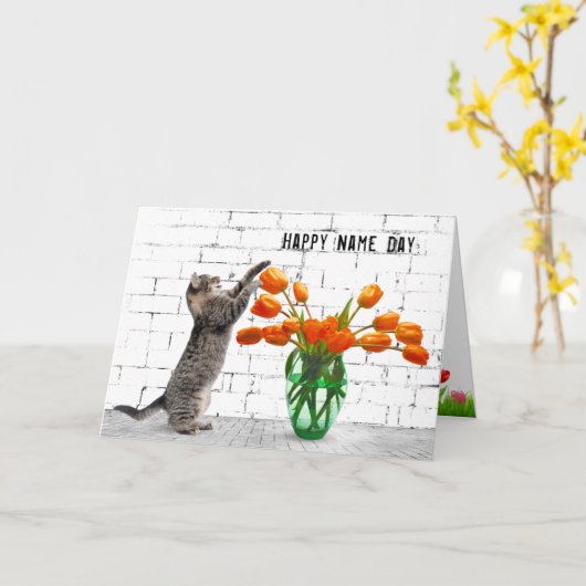 Katze mit Orange Tulips Name Day Karte (Gelbe Blume)