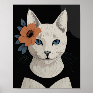 Katze mit orangefarbener Blume Poster