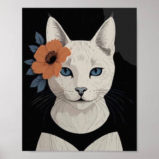 Katze mit orangefarbener Blume Poster (Vorne)
