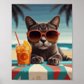 Katze mit Orangensaft am Strand Poster (Vorne)
