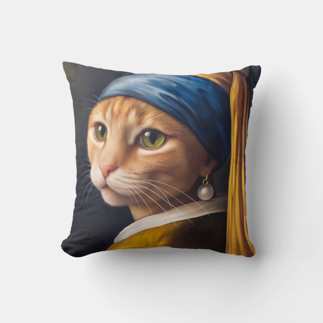 Katze mit Perlenohrring | Funny Vermeer Parody Kissen (Vorderseite)