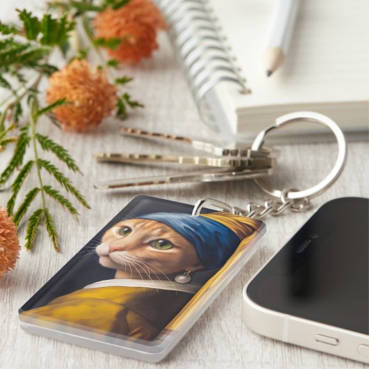 Katze mit Perlenohrring | Funny Vermeer Parody Schlüsselanhänger (Vorderseite rechts)