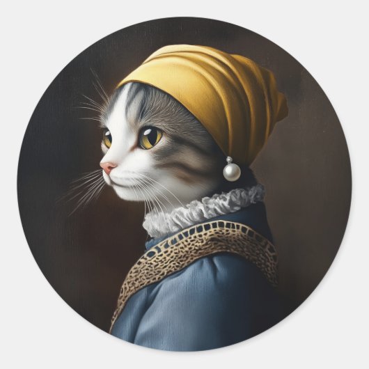 Katze mit Perlenohrring Runder Aufkleber (Vorderseite)