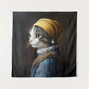 Katze mit Perlenohrring Wandteppich