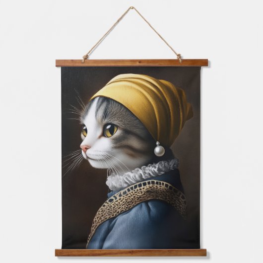 Katze mit Perlenohrring Wandteppich Mit Holzrahmen (Vorderseite)