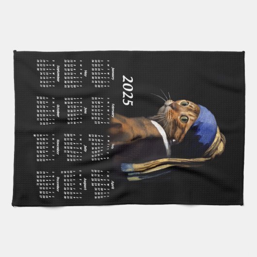 Katze mit Perlenvermerzgemälde 2025 Kalender Geschirrtuch (Horizontal)
