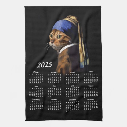 Katze mit Perlenvermerzgemälde 2025 Kalender Geschirrtuch (Vertikal)