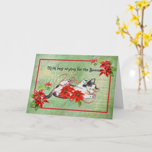 Katze mit Poinsettias Vintage Weihnachtskarte Karte (Gelbe Blume)