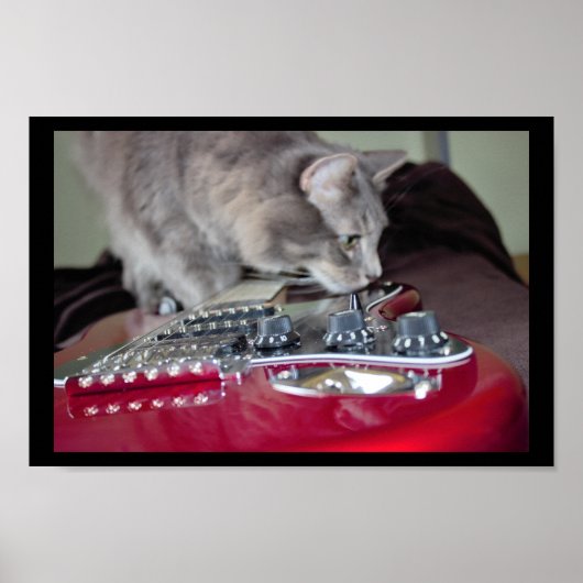 Katze mit Red Electric Gitarre Poster (Vorne)