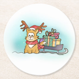 Katze mit Rentierhut und Sleigh Weihnachten Runder Pappuntersetzer