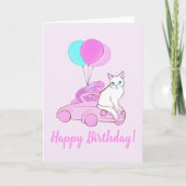 Katze mit rosa Auto und Ballons Karte (Vorderseite)