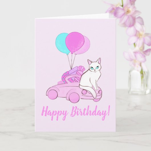 Katze mit rosa Auto und Ballons Karte (Orchidee)