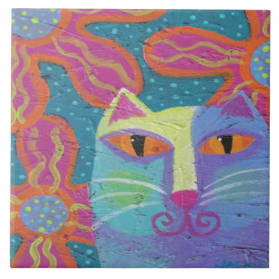 Katze mit rosa Blumen abstrakte Malerei Fliese