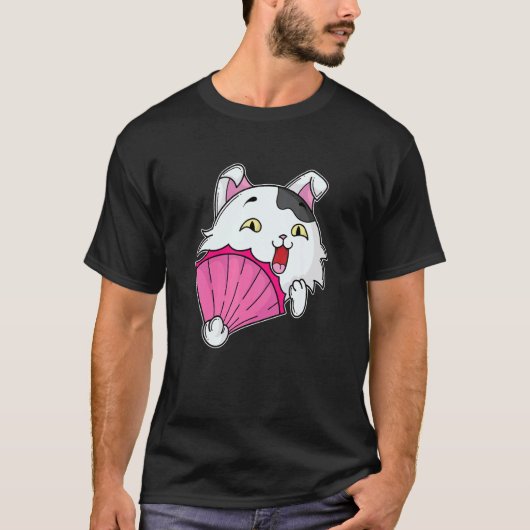Katze mit rosa Fächer T-Shirt (Vorderseite)