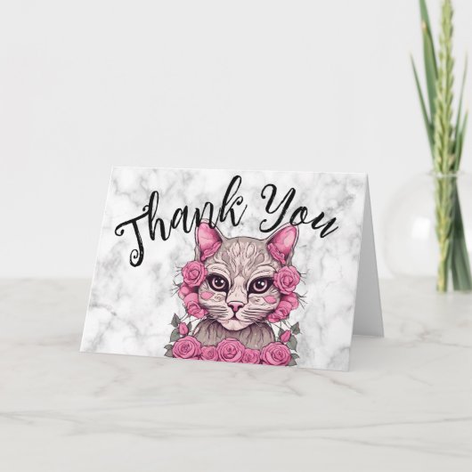 Katze mit rosa Rosen Dankeskarte (Vorderseite)