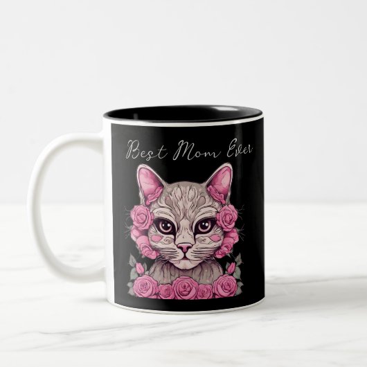 Katze mit rosa Rosen Personalisiert Beste Mama je  Zweifarbige Tasse (Links)