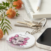 Katze mit rosa Rosen Personalisierter Schlüsselanh Schlüsselanhänger (Vorderseite rechts)