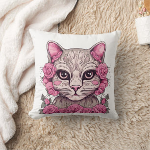 Katze mit rosa Rosenwirbelkissen Kissen