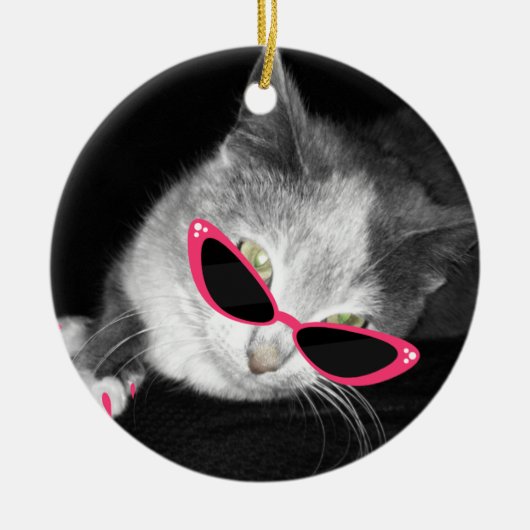 Katze mit rosa Sonnenbrille u. Greifer-Verzierung Keramikornament (Vorne)