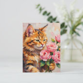 Katze mit Rose Postkarte (Stehend Vorderseite)