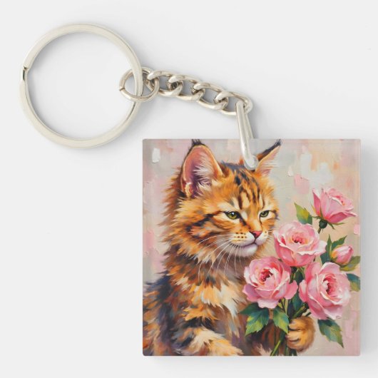 Katze mit Rose Schlüsselanhänger (Vorderseite)
