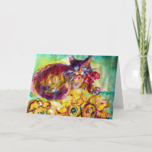 KATZE MIT ROTEM BAND UND SONNENBLUMEN Alles Gute z Karte
