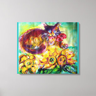 KATZE MIT ROTEM BAND UND SONNENBLUMEN LEINWANDDRUCK