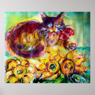 KATZE MIT ROTEM BAND UND SONNENBLUMEN POSTER