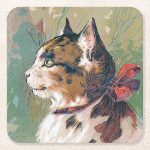 Katze mit rotem Band Vintage-Illustration Rechteckiger Pappuntersetzer