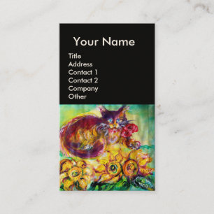 KATZE MIT ROTEM RIBBON UND SONNENBLUMEN-MONOGRAMM VISITENKARTE