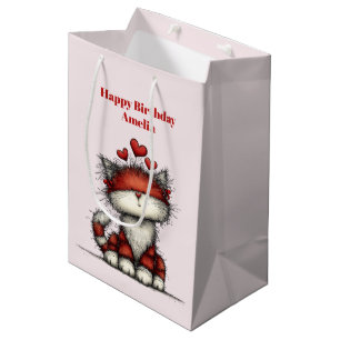 Katze mit roten Liebesherzen Süß und lustig zum Ge Mittlere Geschenktüte