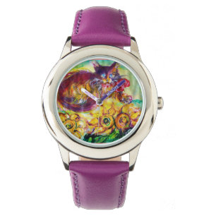 KATZE MIT ROTEN RIBBON UND SONNENBLUMEN ARMBANDUHR