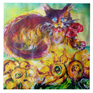 KATZE MIT ROTEN RIBBON UND SONNENBLUMEN FLIESE