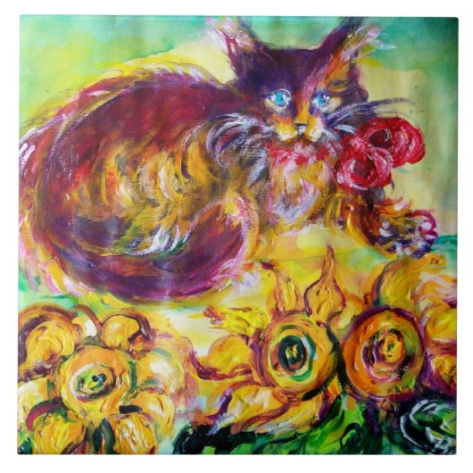 KATZE MIT ROTEN RIBBON UND SONNENBLUMEN FLIESE (Vorderseite)