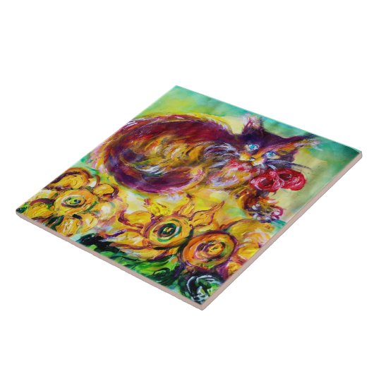 KATZE MIT ROTEN RIBBON UND SONNENBLUMEN FLIESE (Seite)