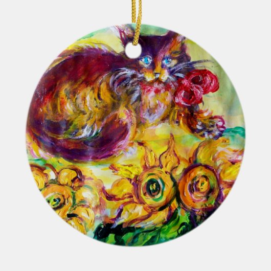 KATZE MIT ROTEN RIBBON UND SONNENBLUMEN KERAMIK ORNAMENT (Vorne)