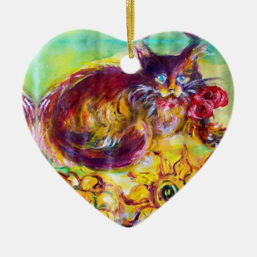 KATZE MIT ROTEN RIBBON UND SONNENBLUMEN KERAMIKORNAMENT (Vorne)