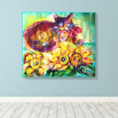 KATZE MIT ROTEN RIBBON UND SONNENBLUMEN LEINWANDDRUCK (Insitu (Holzboden))