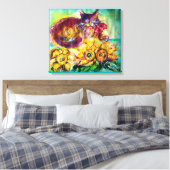 KATZE MIT ROTEN RIBBON UND SONNENBLUMEN LEINWANDDRUCK (Insitu (Schlafzimmer))